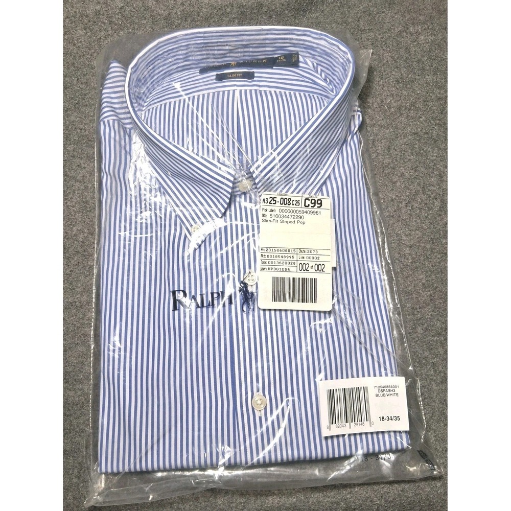 Ralph Lauren Slim Fit Button Down Poplin Shirt Blue Striped Men's Size 18  NEW